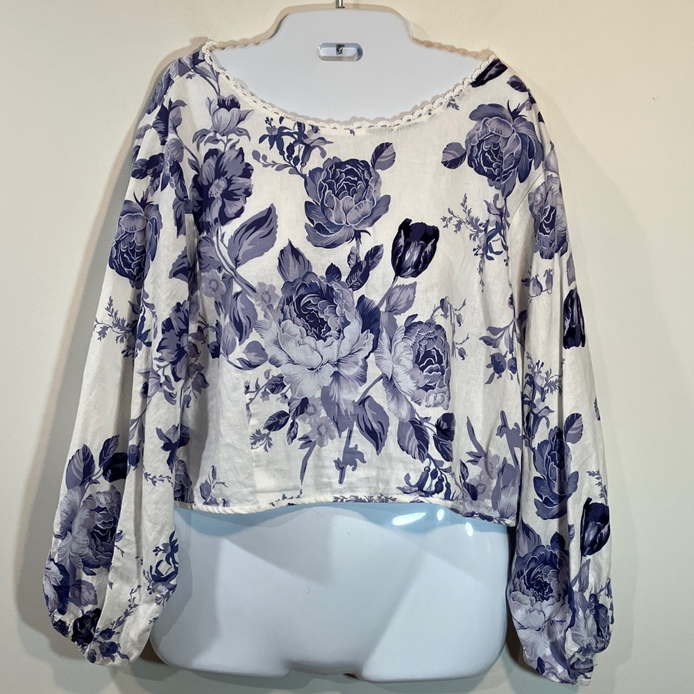 Laura Ashley White Crop Top with Blue Floral Print